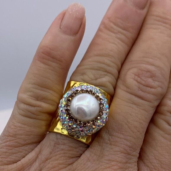 Bracelet, NWOT, wide cuff gold plated, real pearl, crystals, natural tourmaline - Picture 9 of 17